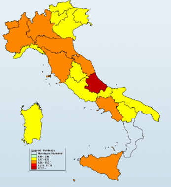 La mappa a colori del contagio da influenza (Fonte: Rapporto Influnet)