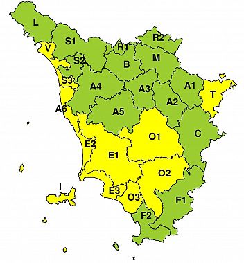 La mappa dell'allerta della Regione Toscana