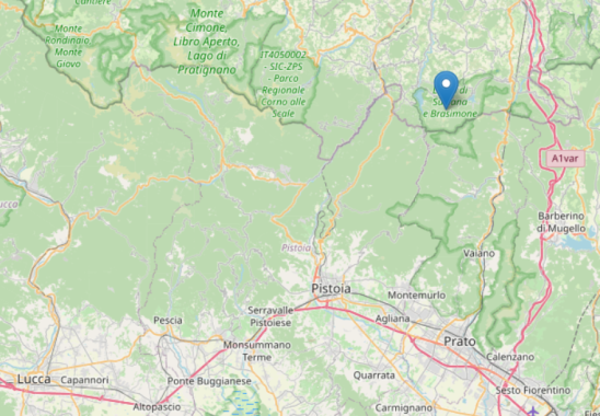 L'epicentro della scossa a Sambuca Pistoiese mappa