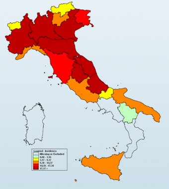 La mappa dell'incidenza dei contagi dal rapporto Influnet dell'Istituto superiore di sanità