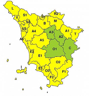 La mappa dell'allerta della Regione Toscana