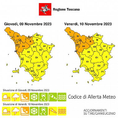 La mappa dell'allerta della Regione Toscana