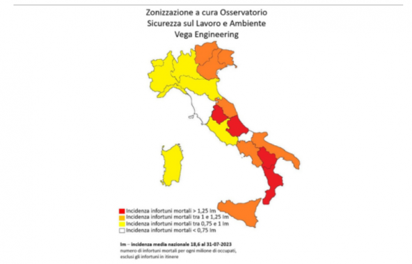 La mappa a colori del rischio morti bianche (Fonte: Osservatorio sicurezza sul lavoro Vega Engineering)